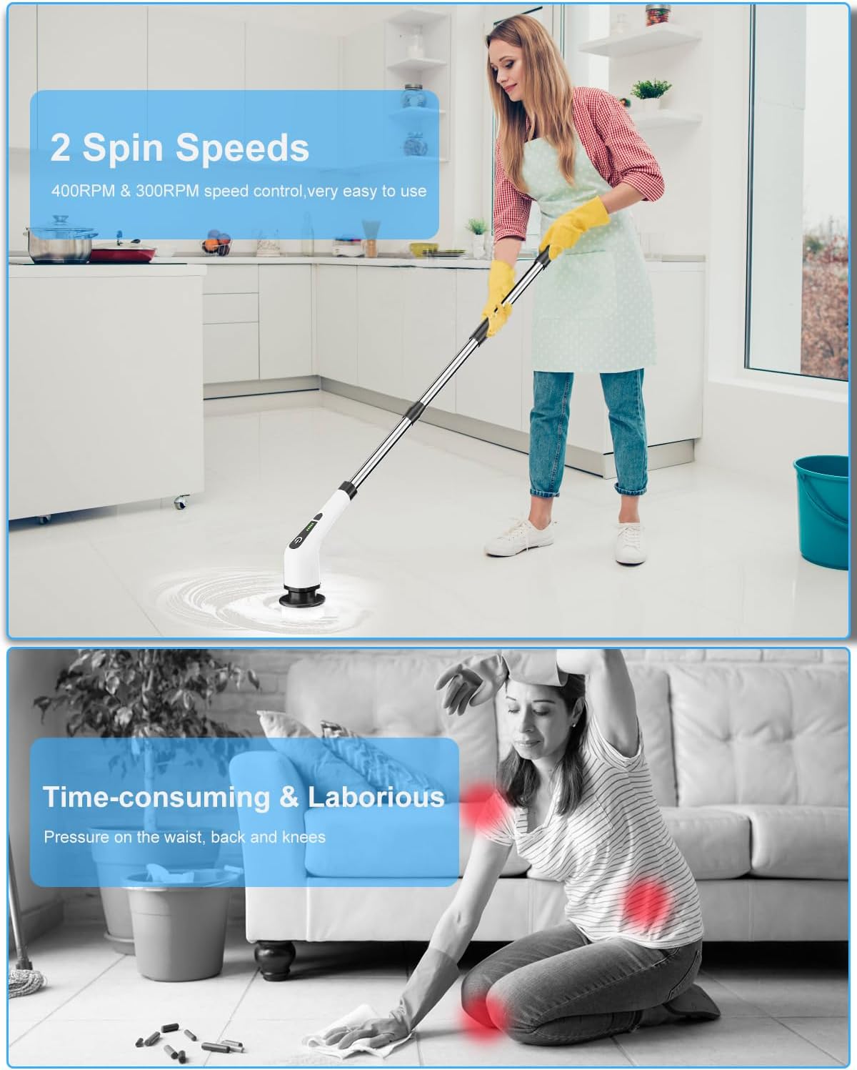 Nova Demand Spin Scrubber, Cordless Cleaning Brush with 8 Replaceable Brush Heads, Tub and Floor Tile 360 Power Scrubber Dual Speed with Adjustable & Detachable Handle for Bathroom Kitchen Car