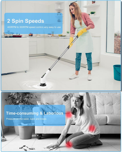 Nova Demand Spin Scrubber, Cordless Cleaning Brush with 8 Replaceable Brush Heads, Tub and Floor Tile 360 Power Scrubber Dual Speed with Adjustable & Detachable Handle for Bathroom Kitchen Car