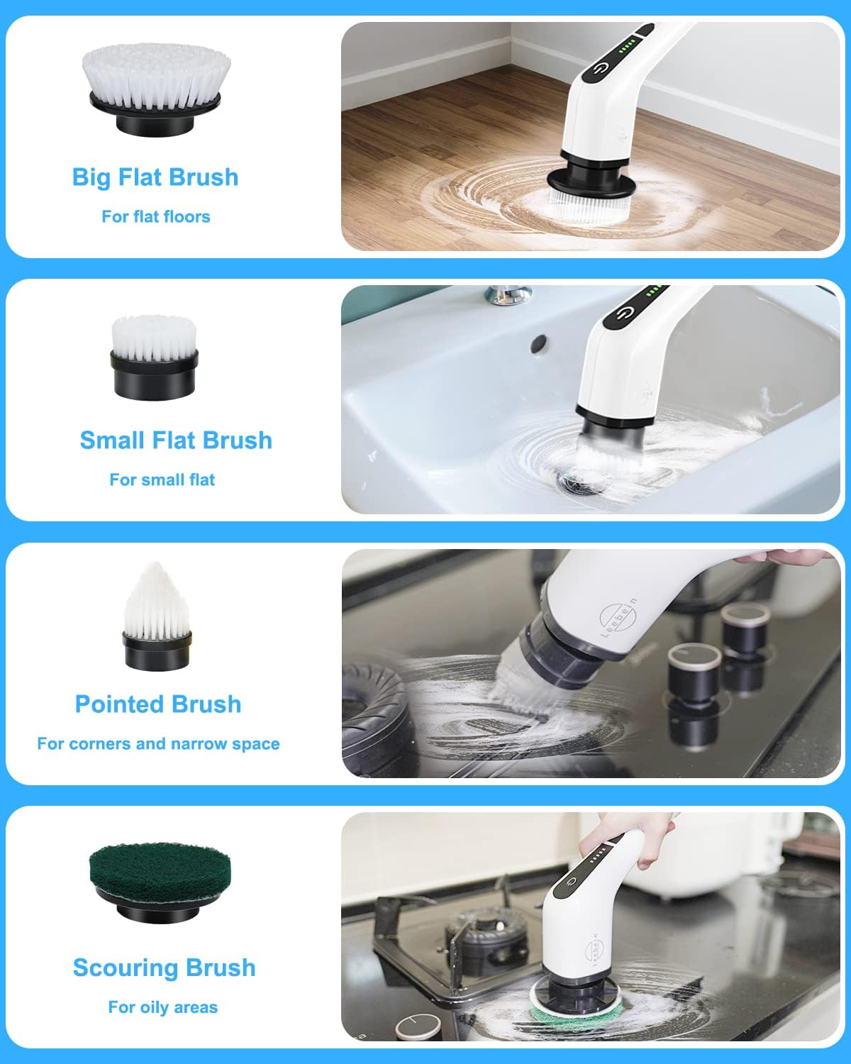 Nova Demand Spin Scrubber, Cordless Cleaning Brush with 8 Replaceable Brush Heads, Tub and Floor Tile 360 Power Scrubber Dual Speed with Adjustable & Detachable Handle for Bathroom Kitchen Car